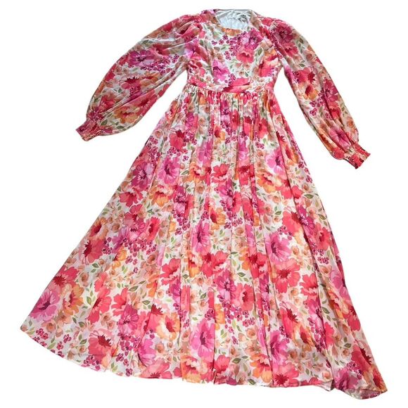 Aura Covered in Sunshine Floral Maxi Dress Pink Puff Sleeve Party Size Medium - Picture 2 of 10